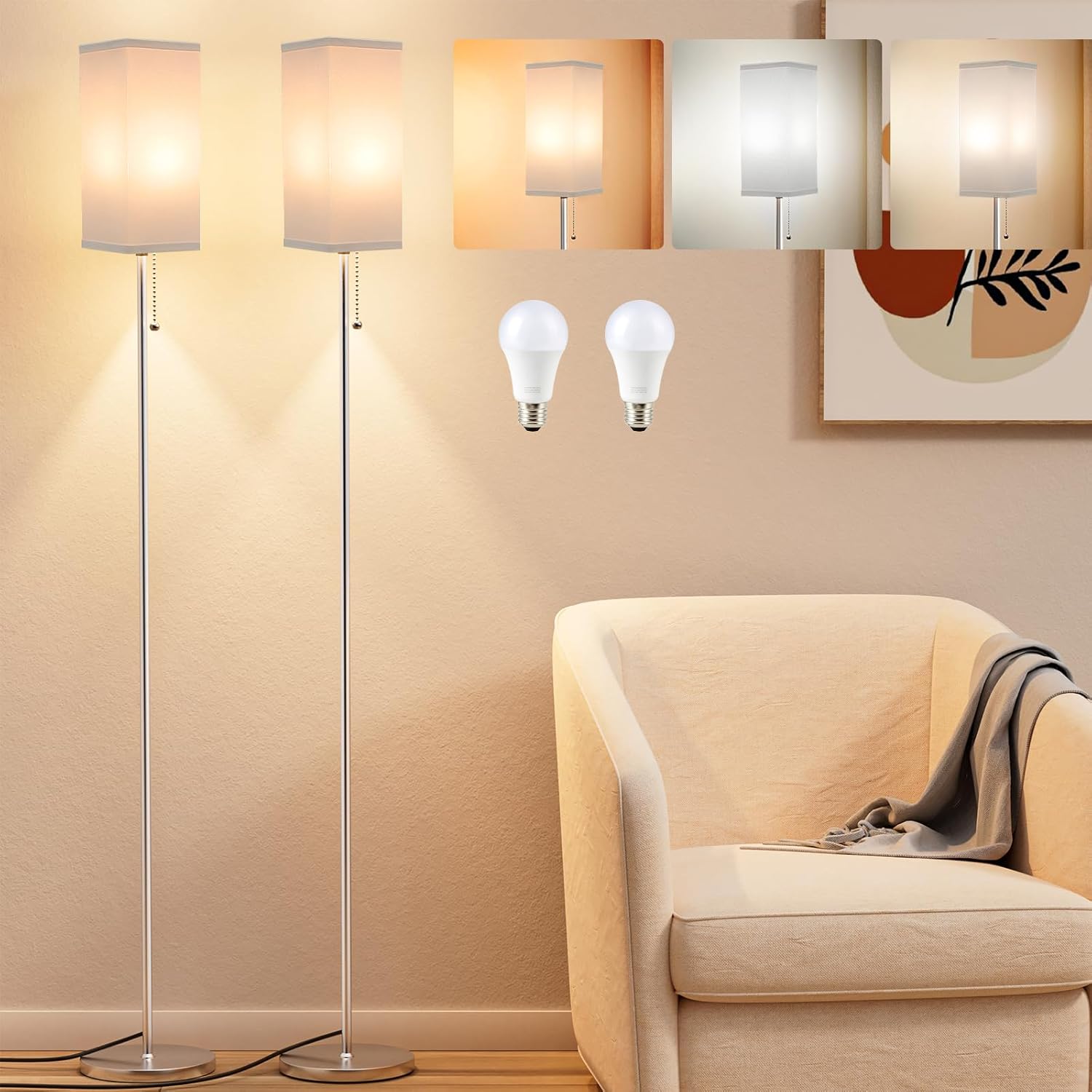 Tall Floor Lamp with Linen Shade - 3 Color Temperature, Black, LED Bulbs, Pull Chain Switch, Easy Assembly - Grand Goldman