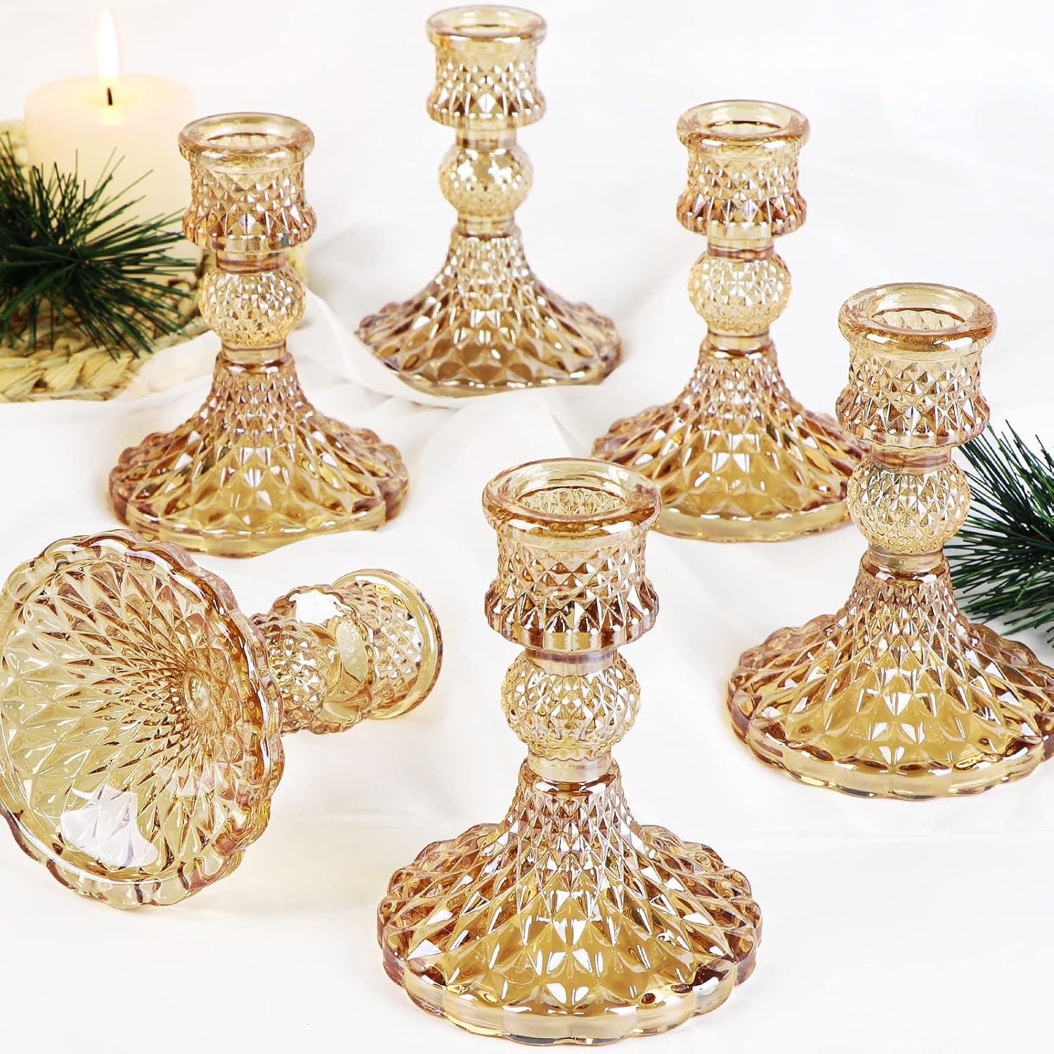 Taper Candlestick Holder Set of 6, Gold Candle Holders & Vintage Candlestick Holders, Glass Candle Holder for Wedding Table Decorations, Thanksgiving, Birthdays, Fall Table Decor - Grand Goldman
