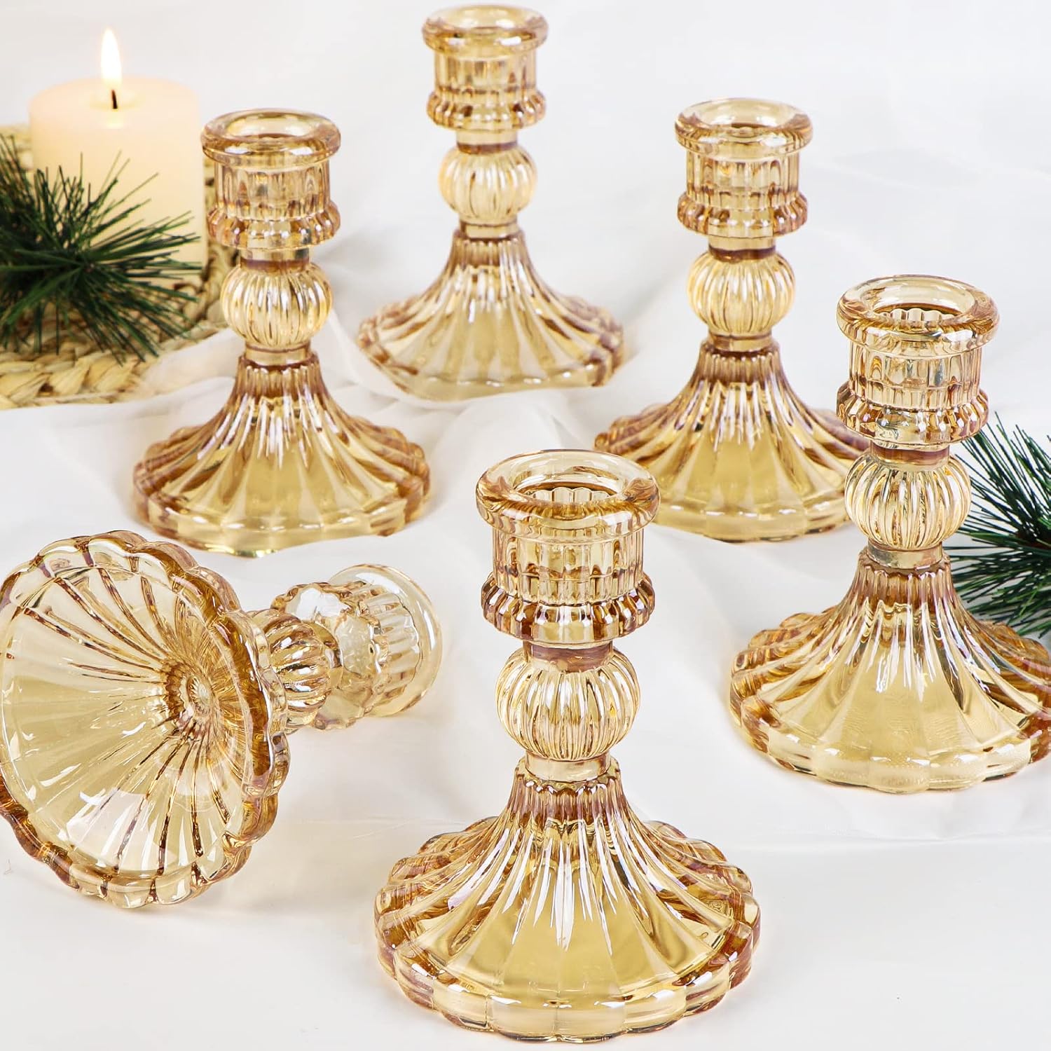 Taper Candlestick Holder Set of 6, Gold Candle Holders & Vintage Candlestick Holders, Glass Candle Holder for Wedding Table Decorations, Thanksgiving, Birthdays, Fall Table Decor - Grand Goldman
