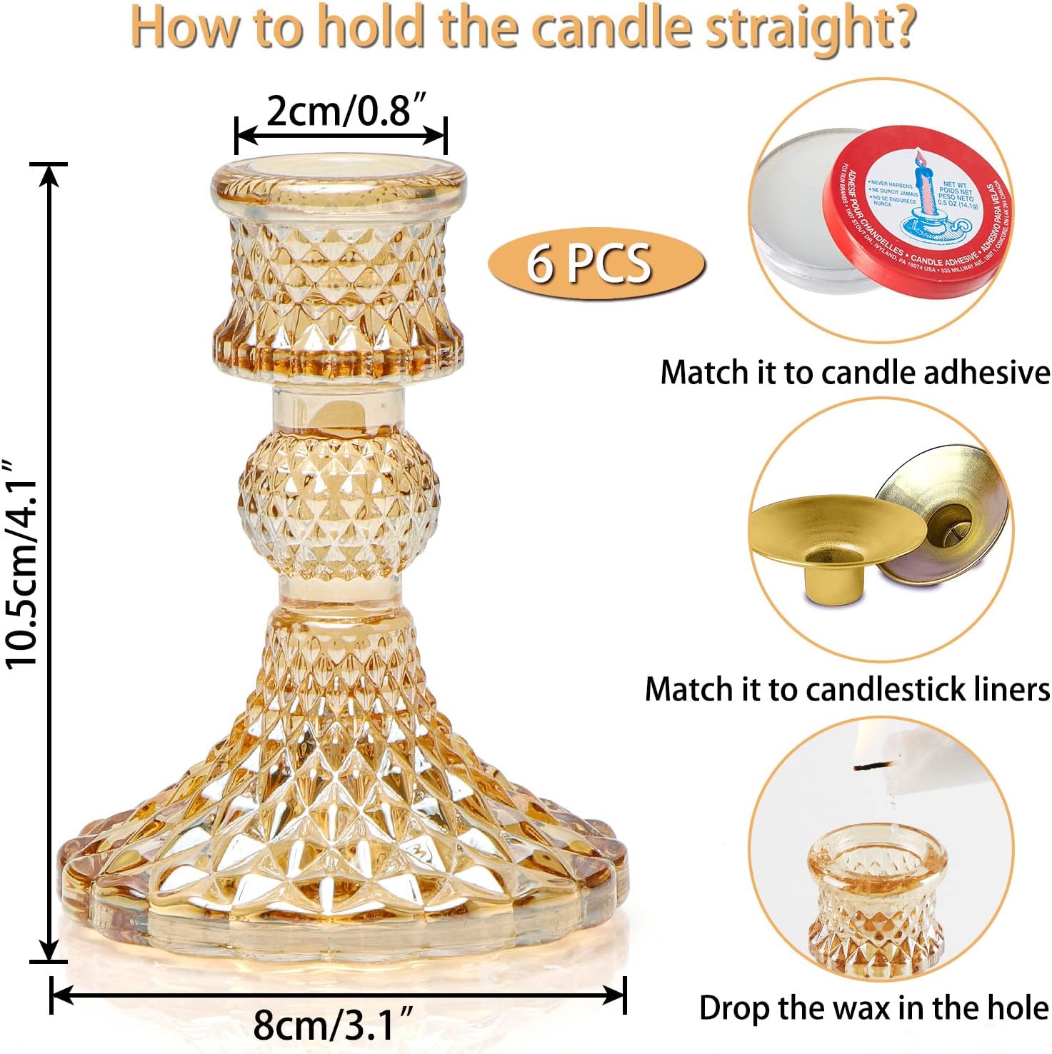 Taper Candlestick Holder Set of 6, Gold Candle Holders & Vintage Candlestick Holders, Glass Candle Holder for Wedding Table Decorations, Thanksgiving, Birthdays, Fall Table Decor - Grand Goldman