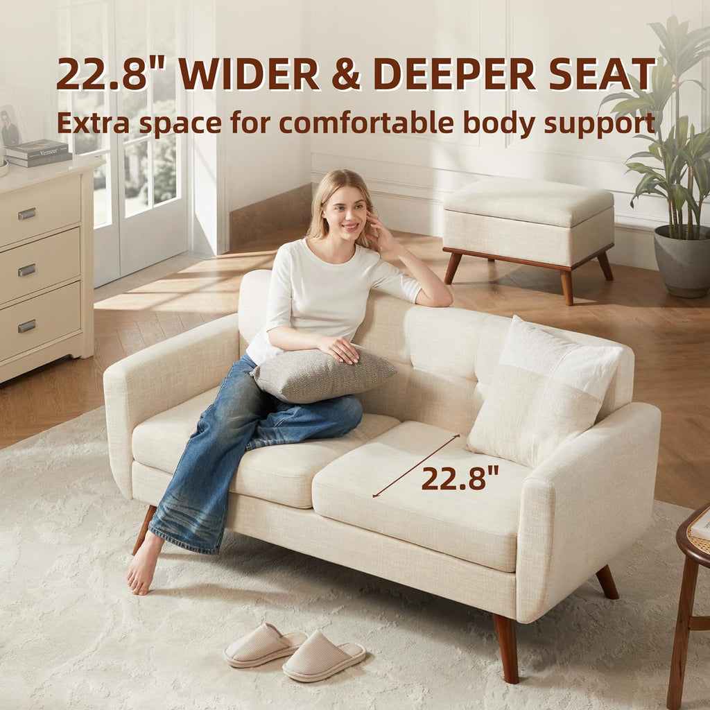 Tbfit 65" W Loveseat Sofa, Mid Century Modern Decor Love Seat Couches for Living Room, Button Tufted Upholstered Small Couch for Bedroom, Solid and Easy to Install Love Seats Furniture, Beige - Grand Goldman