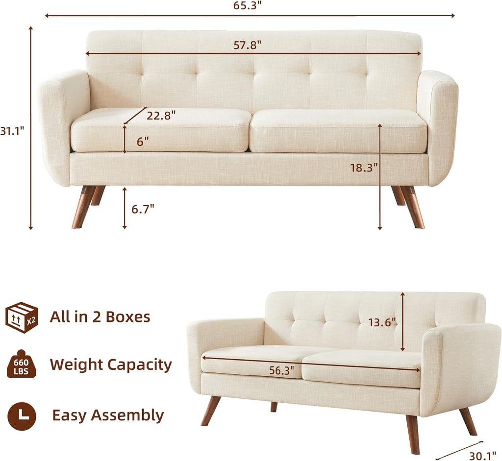 Tbfit 65" W Loveseat Sofa, Mid Century Modern Decor Love Seat Couches for Living Room, Button Tufted Upholstered Small Couch for Bedroom, Solid and Easy to Install Love Seats Furniture, Beige - Grand Goldman