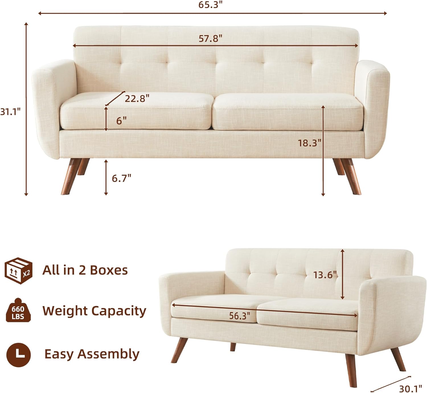 Tbfit 65" W Loveseat Sofa, Mid Century Modern Decor Love Seat Couches for Living Room, Button Tufted Upholstered Small Couch for Bedroom, Solid and Easy to Install Love Seats Furniture, Beige - Grand Goldman