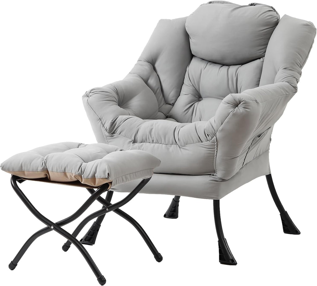 Tiita Lazy Chair with Ottoman, Modern Large Accent Lounge Chair, Leisure Sofa Armchair with Ottoman, Reading Chair with Footrest for Bedroom, Living Room, Dorm Rooms, Garden and Courtyard - Grand Goldman