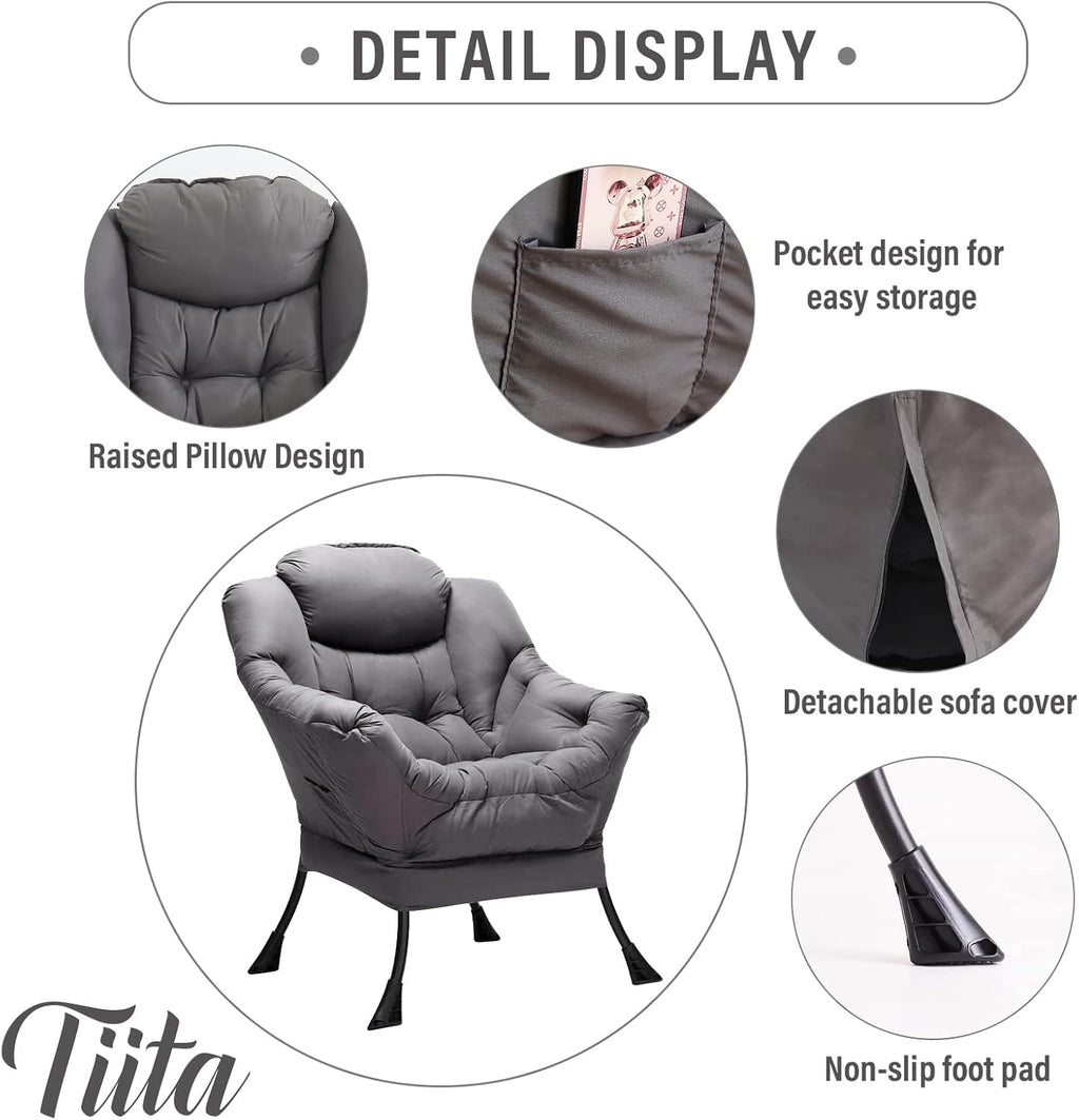 Tiita Lazy Chair with Ottoman, Modern Large Accent Lounge Chair, Leisure Sofa Armchair with Ottoman, Reading Chair with Footrest for Bedroom, Living Room, Dorm Rooms, Garden and Courtyard - Grand Goldman