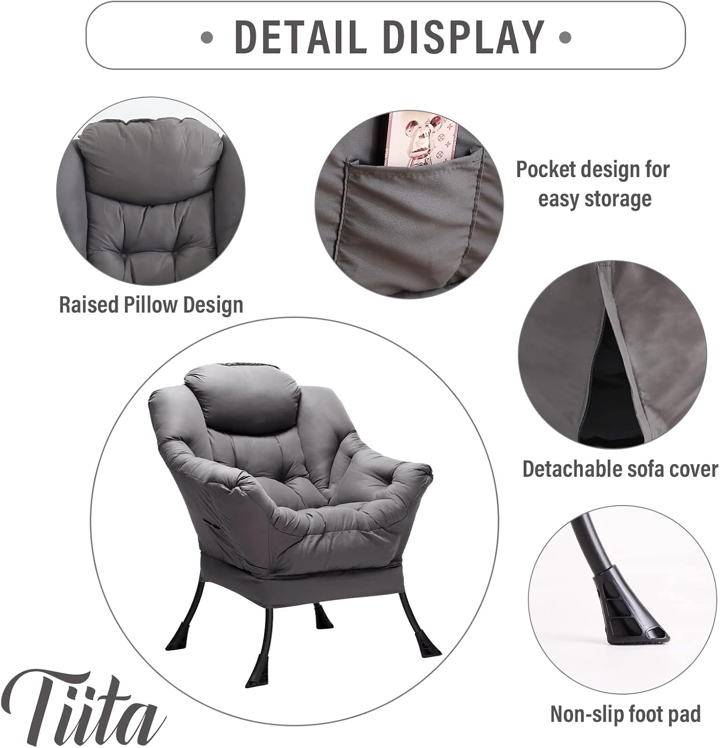 Tiita Lazy Chair with Ottoman, Modern Large Accent Lounge Chair, Leisure Sofa Armchair with Ottoman, Reading Chair with Footrest for Bedroom, Living Room, Dorm Rooms, Garden and Courtyard - Grand Goldman