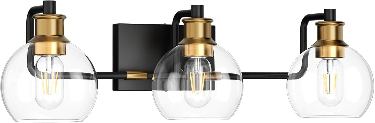 Tipace Black & Gold Vintage Bathroom Vanity Light Fixtures Over Mirror Glass Globe 3 Lights Industrial Vanity Lights Farmhouse Bath Lighting(Exclude Bulb) - Grand Goldman