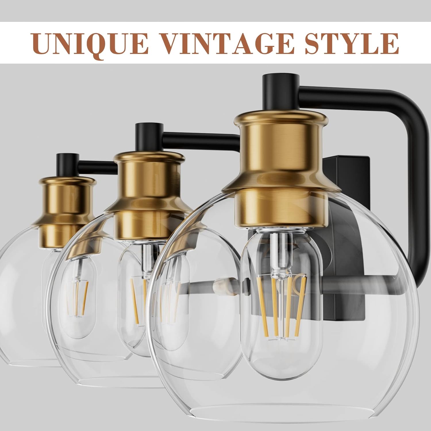 Tipace Black & Gold Vintage Bathroom Vanity Light Fixtures Over Mirror Glass Globe 3 Lights Industrial Vanity Lights Farmhouse Bath Lighting(Exclude Bulb) - Grand Goldman
