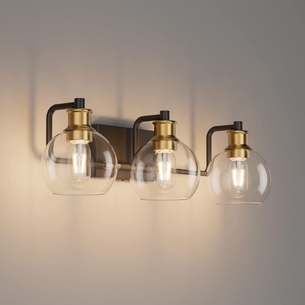 Tipace Black & Gold Vintage Bathroom Vanity Light Fixtures Over Mirror Glass Globe 3 Lights Industrial Vanity Lights Farmhouse Bath Lighting(Exclude Bulb) - Grand Goldman