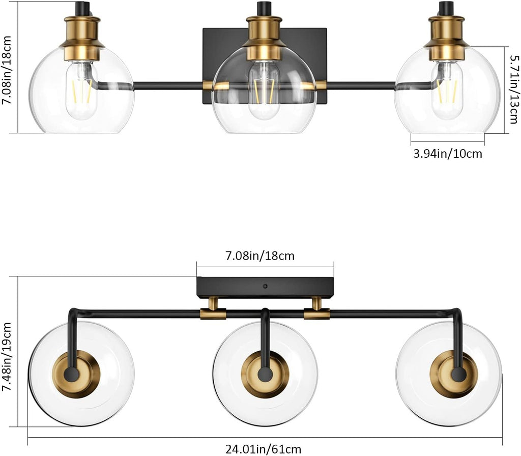 Tipace Black & Gold Vintage Bathroom Vanity Light Fixtures Over Mirror Glass Globe 3 Lights Industrial Vanity Lights Farmhouse Bath Lighting(Exclude Bulb) - Grand Goldman