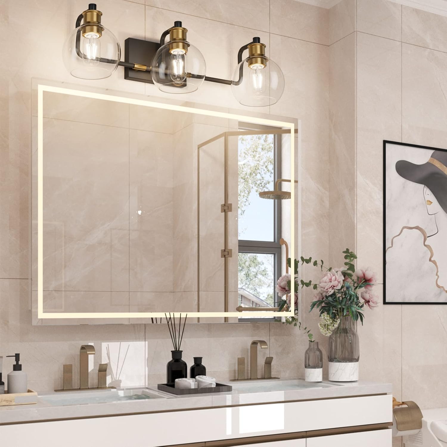 Tipace Black & Gold Vintage Bathroom Vanity Light Fixtures Over Mirror Glass Globe 3 Lights Industrial Vanity Lights Farmhouse Bath Lighting(Exclude Bulb) - Grand Goldman