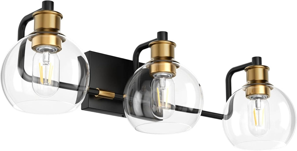 Tipace Black & Gold Vintage Bathroom Vanity Light Fixtures Over Mirror Glass Globe 3 Lights Industrial Vanity Lights Farmhouse Bath Lighting(Exclude Bulb) - Grand Goldman