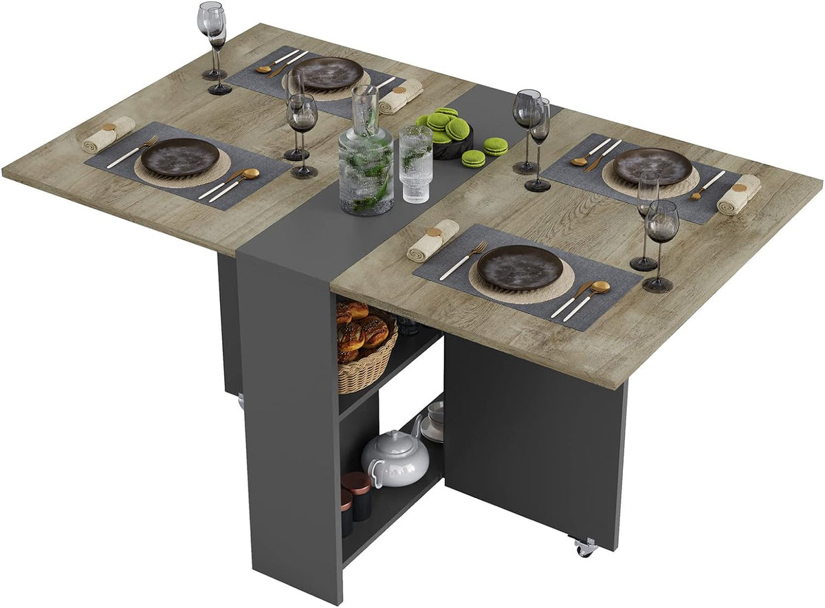 Tiptiper Folding Dining Table with 6 Wheels, Folding Kitchen Table with 2-Layer Storage Shelf, Space Saving Dining Table for Small Apartment, Rustic Brown and Black - Grand Goldman