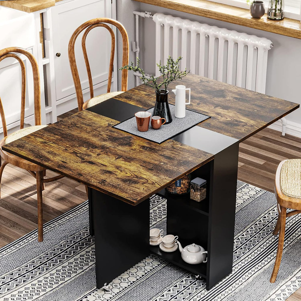 Tiptiper Folding Dining Table with 6 Wheels, Folding Kitchen Table with 2-Layer Storage Shelf, Space Saving Dining Table for Small Apartment, Rustic Brown and Black - Grand Goldman