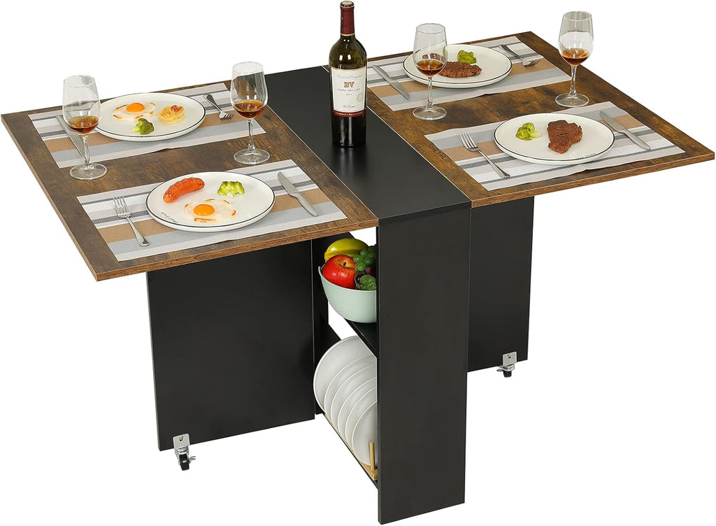 Tiptiper Folding Dining Table with 6 Wheels, Folding Kitchen Table with 2-Layer Storage Shelf, Space Saving Dining Table for Small Apartment, Rustic Brown and Black - Grand Goldman