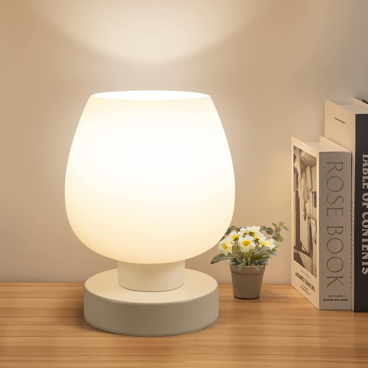 Touch Bedside Table Lamp - Modern Small Lamp for Bedroom Living Room Nightstand, Desk lamp with White Opal Glass Lamp Shade, Warm LED Bulb, 3 Way Dimmable, Simple Design Mother's Day Gifts - Grand Goldman