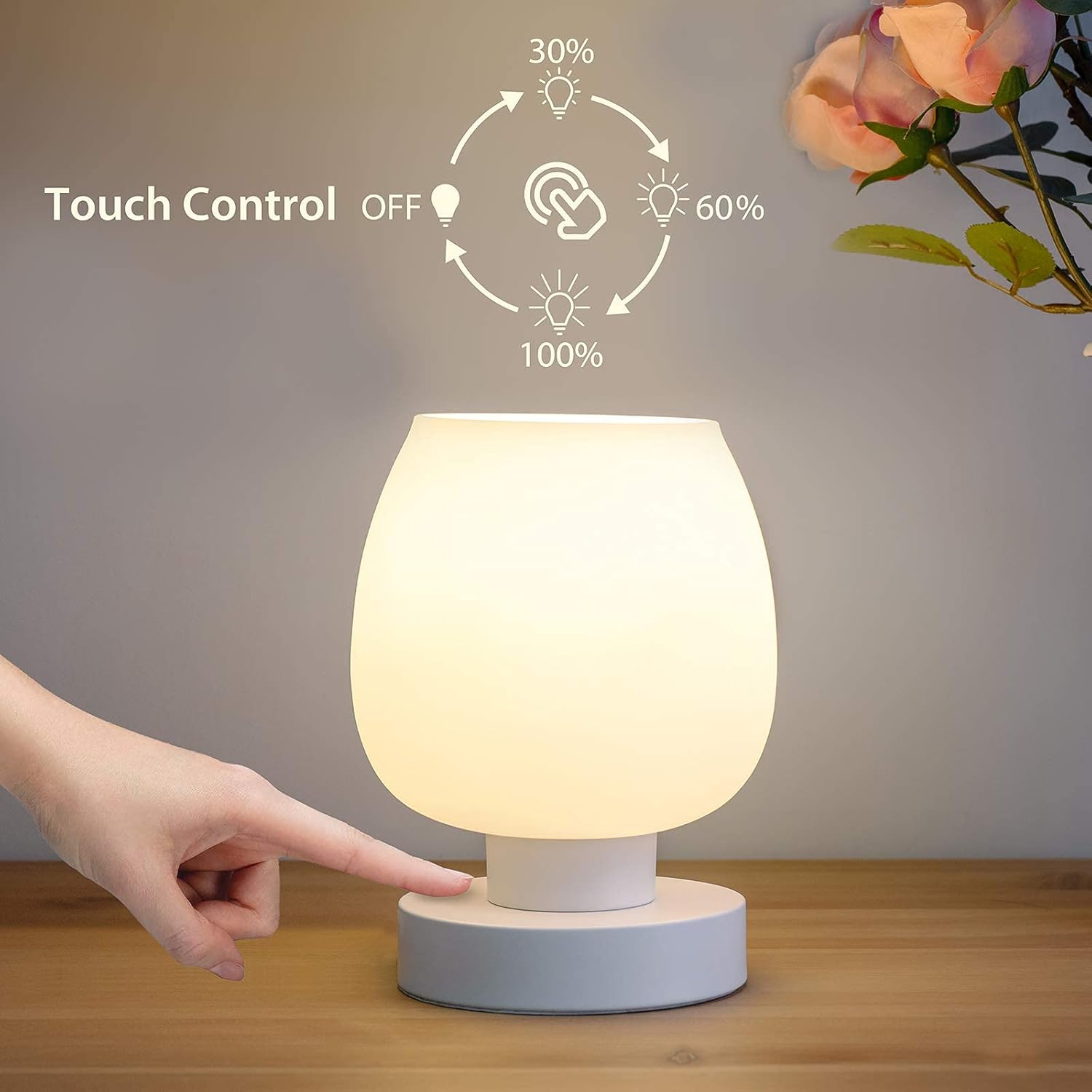 Touch Bedside Table Lamp - Modern Small Lamp for Bedroom Living Room Nightstand, Desk lamp with White Opal Glass Lamp Shade, Warm LED Bulb, 3 Way Dimmable, Simple Design Mother's Day Gifts - Grand Goldman