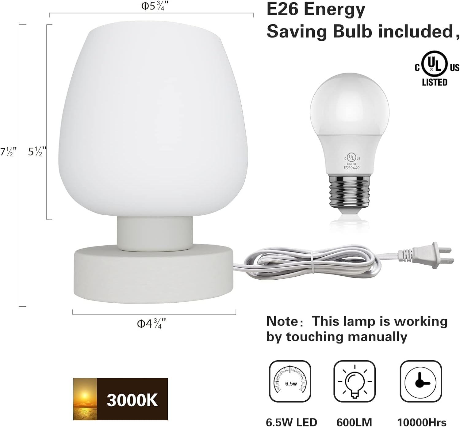 Touch Bedside Table Lamp - Modern Small Lamp for Bedroom Living Room Nightstand, Desk lamp with White Opal Glass Lamp Shade, Warm LED Bulb, 3 Way Dimmable, Simple Design Mother's Day Gifts - Grand Goldman