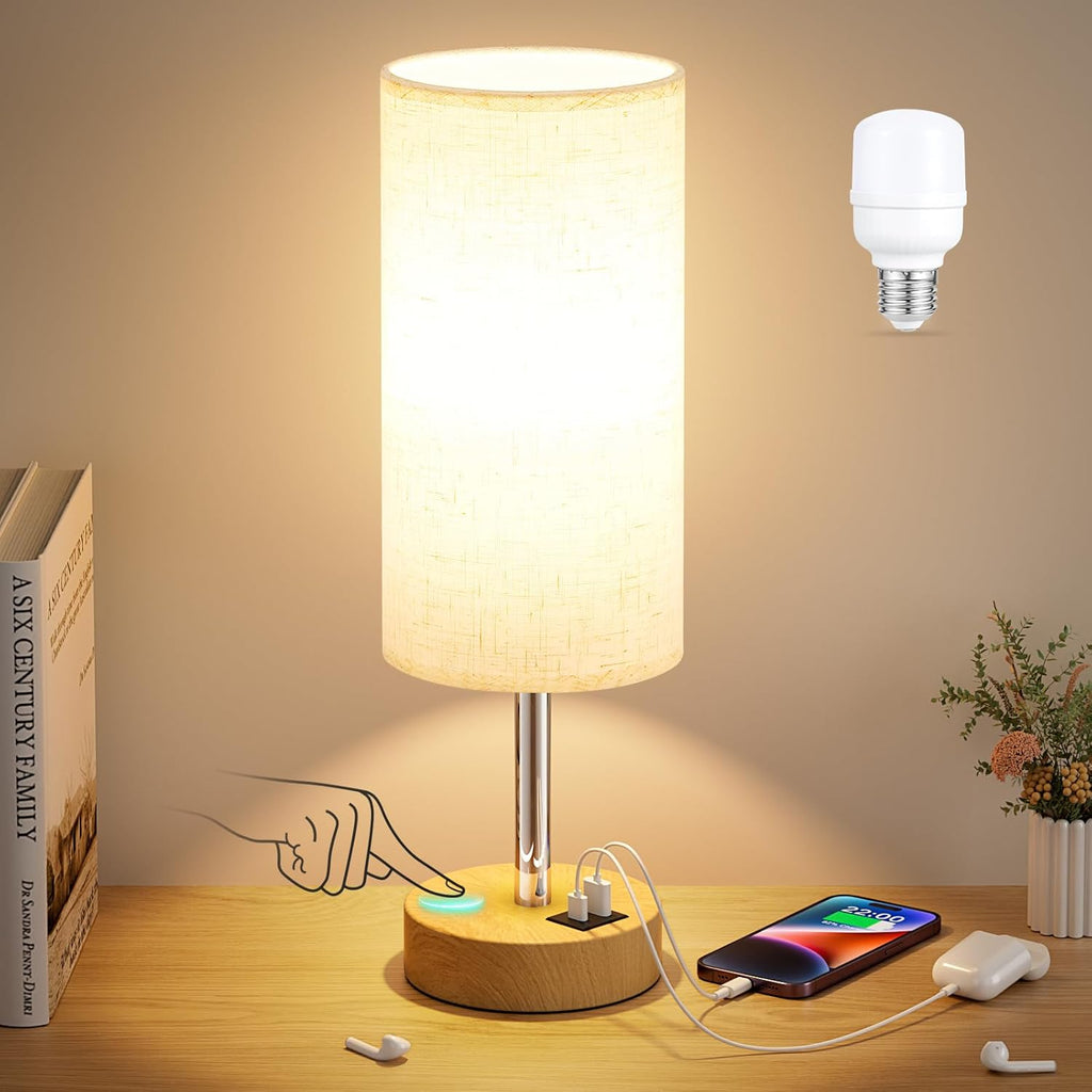 Touch Bedside Table Lamp with USB - 3 Way Dimmable Wood Lamp for Bedroom Nightstand, Desk Lamp with Charging Station for Dorm, Living Room, Office, Kids Room, Nursery, Small - Grand Goldman
