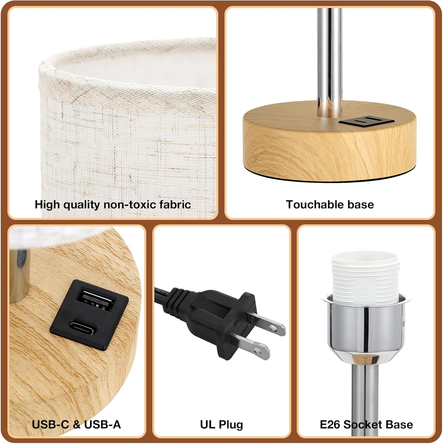 Touch Bedside Table Lamp with USB - 3 Way Dimmable Wood Lamp for Bedroom Nightstand, Desk Lamp with Charging Station for Dorm, Living Room, Office, Kids Room, Nursery, Small - Grand Goldman