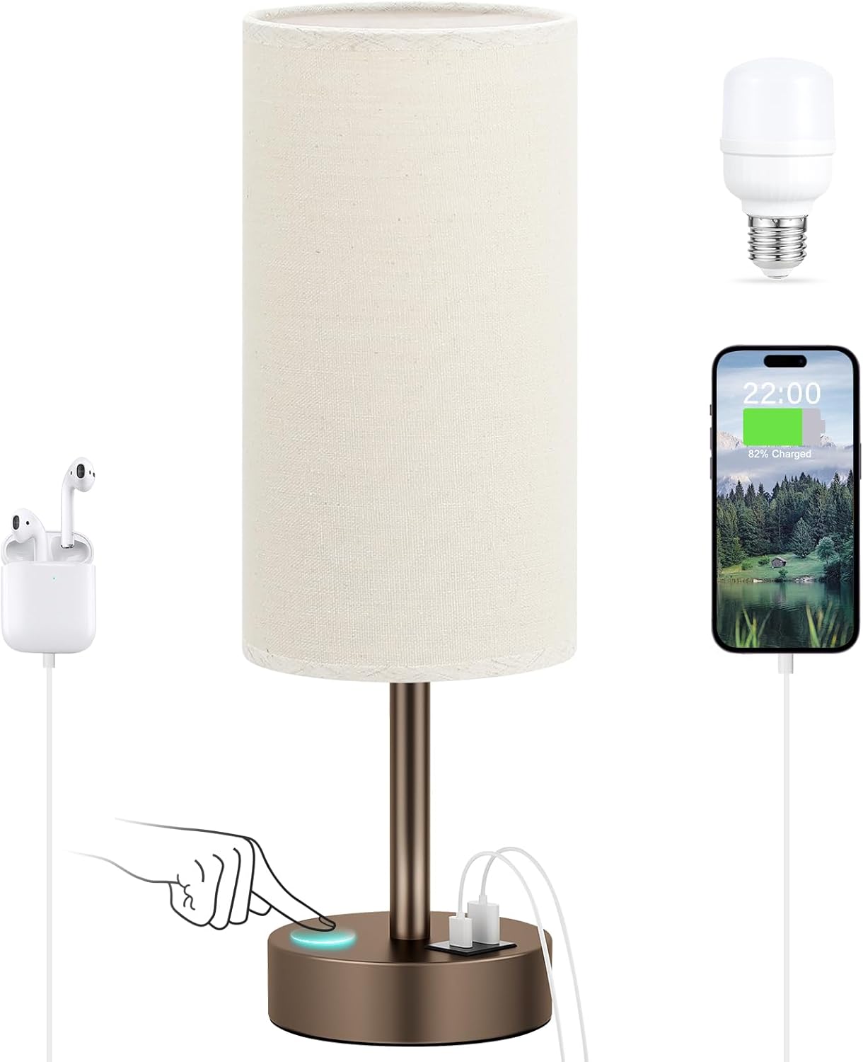 Touch Bedside Table Lamp with USB - 3 Way Dimmable Wood Lamp for Bedroom Nightstand, Desk Lamp with Charging Station for Dorm, Living Room, Office, Kids Room, Nursery, Small - Grand Goldman