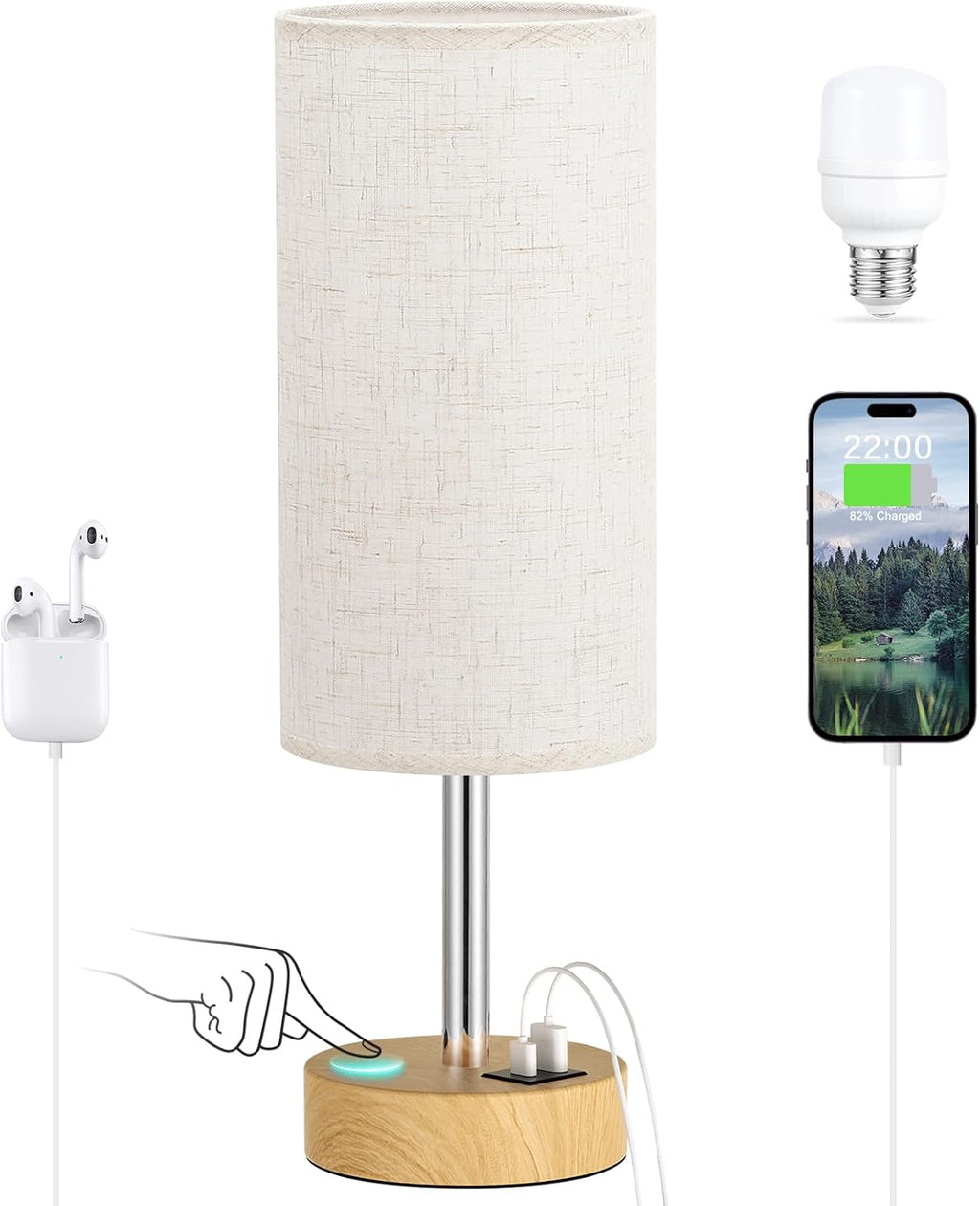 Touch Bedside Table Lamp with USB - 3 Way Dimmable Wood Lamp for Bedroom Nightstand, Desk Lamp with Charging Station for Dorm, Living Room, Office, Kids Room, Nursery, Small - Grand Goldman