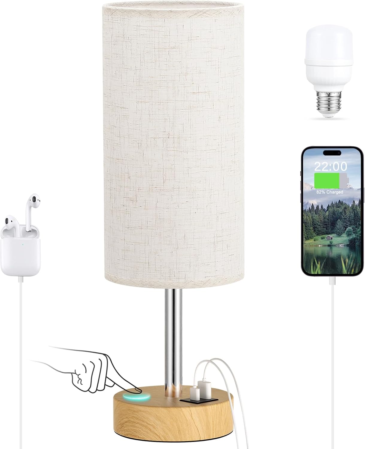 Touch Bedside Table Lamp with USB - 3 Way Dimmable Wood Lamp for Bedroom Nightstand, Desk Lamp with Charging Station for Dorm, Living Room, Office, Kids Room, Nursery, Small - Grand Goldman