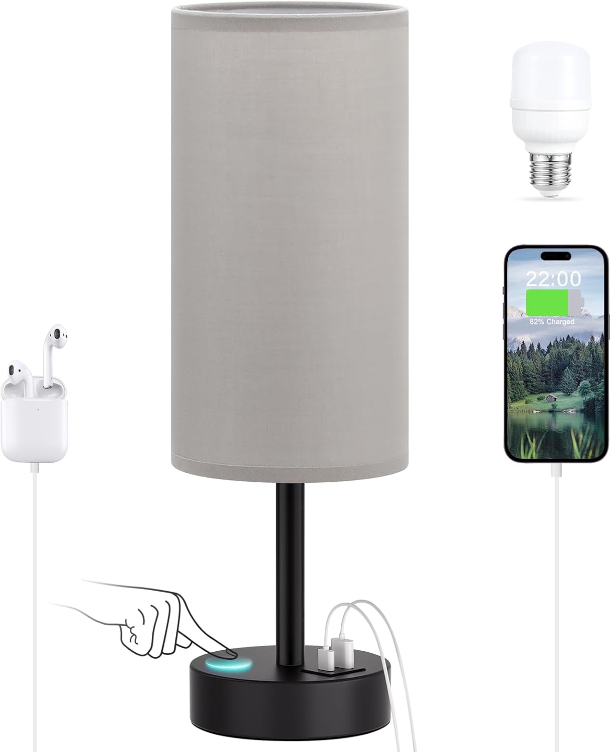 Touch Bedside Table Lamp with USB - 3 Way Dimmable Wood Lamp for Bedroom Nightstand, Desk Lamp with Charging Station for Dorm, Living Room, Office, Kids Room, Nursery, Small - Grand Goldman