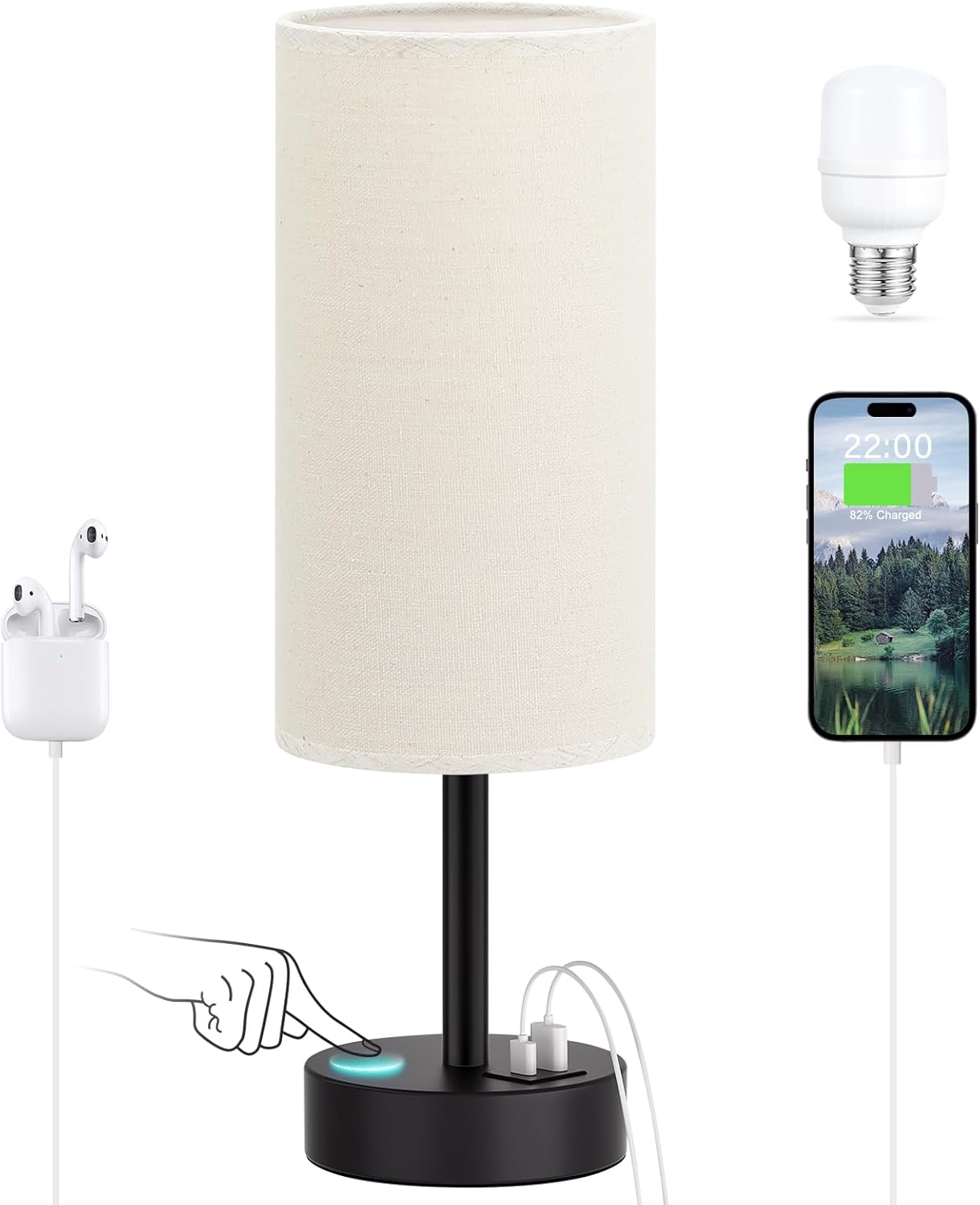 Touch Bedside Table Lamp with USB - 3 Way Dimmable Wood Lamp for Bedroom Nightstand, Desk Lamp with Charging Station for Dorm, Living Room, Office, Kids Room, Nursery, Small - Grand Goldman
