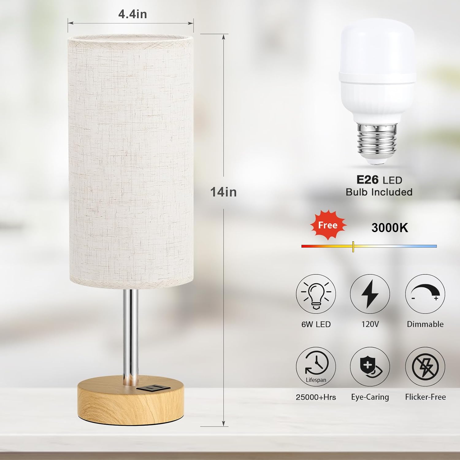 Touch Bedside Table Lamp with USB - 3 Way Dimmable Wood Lamp for Bedroom Nightstand, Desk Lamp with Charging Station for Dorm, Living Room, Office, Kids Room, Nursery, Small - Grand Goldman