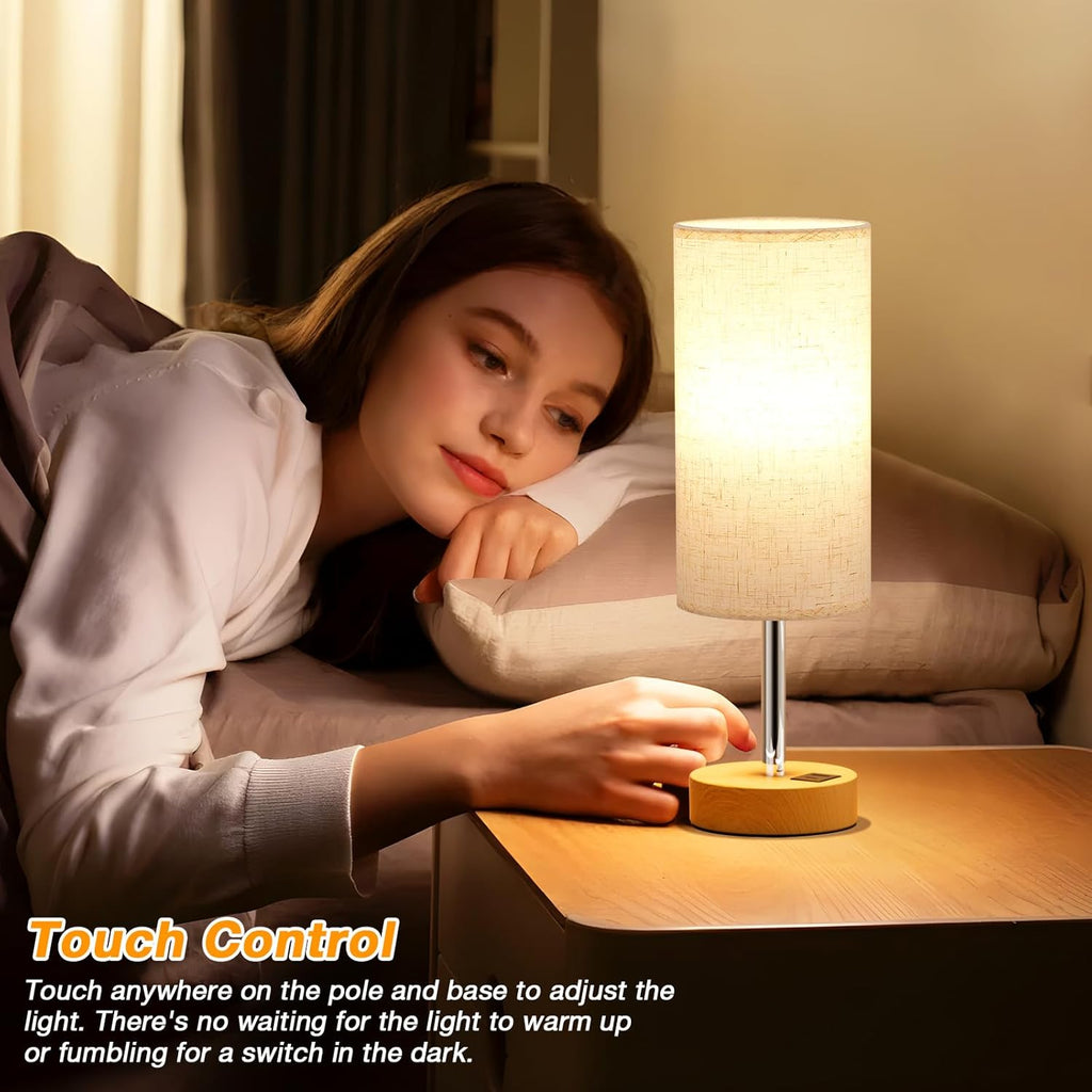 Touch Bedside Table Lamp with USB - 3 Way Dimmable Wood Lamp for Bedroom Nightstand, Desk Lamp with Charging Station for Dorm, Living Room, Office, Kids Room, Nursery, Small - Grand Goldman