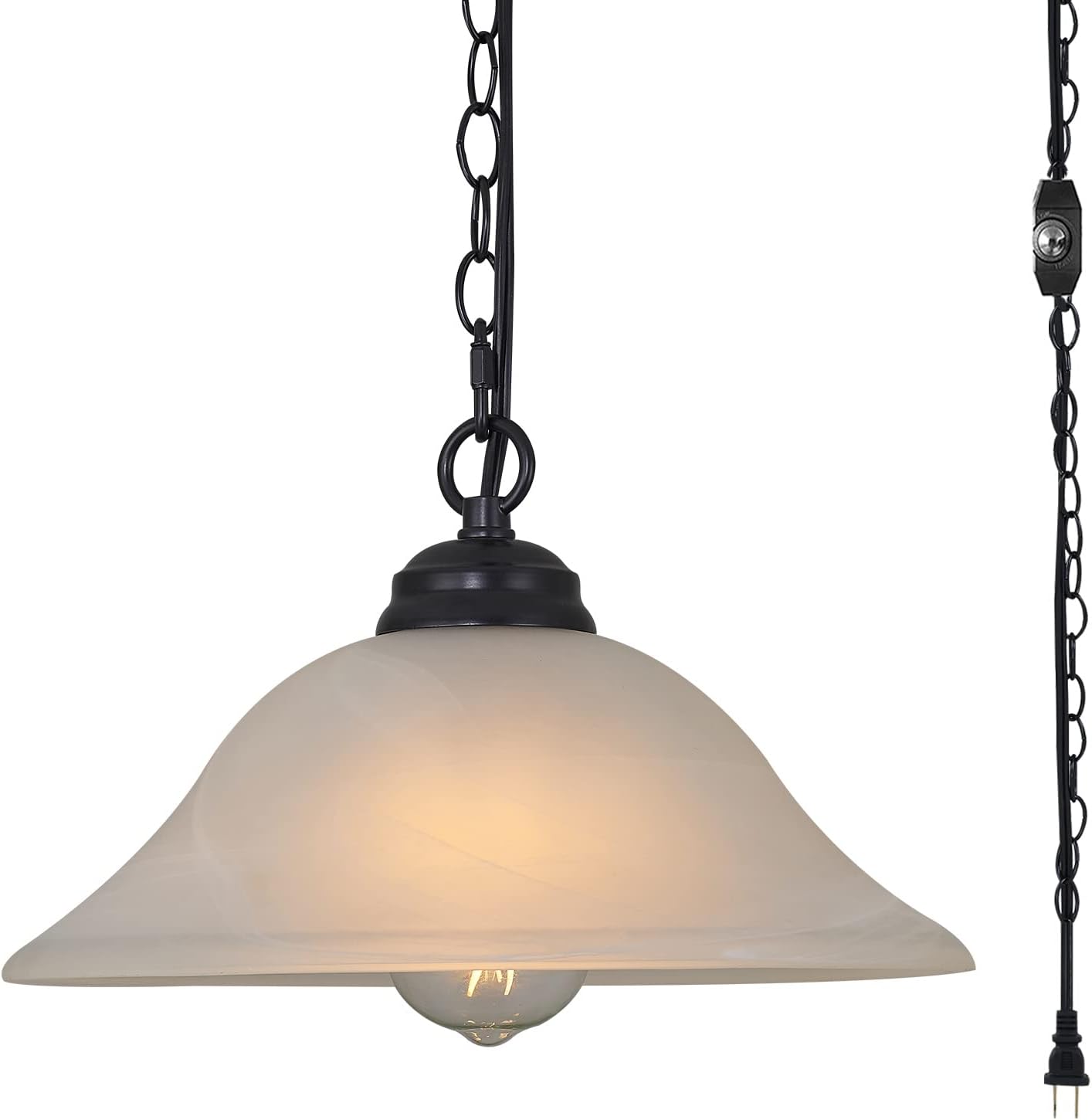 Traditional Plug in Pendant Light Fixture Alabaster Glass Shade, Black Hanging Lamp with Dimmable Switch,16.4Ft Cord & 14.7Ft Chain for Kitchen Sink Corner Nook - Grand Goldman