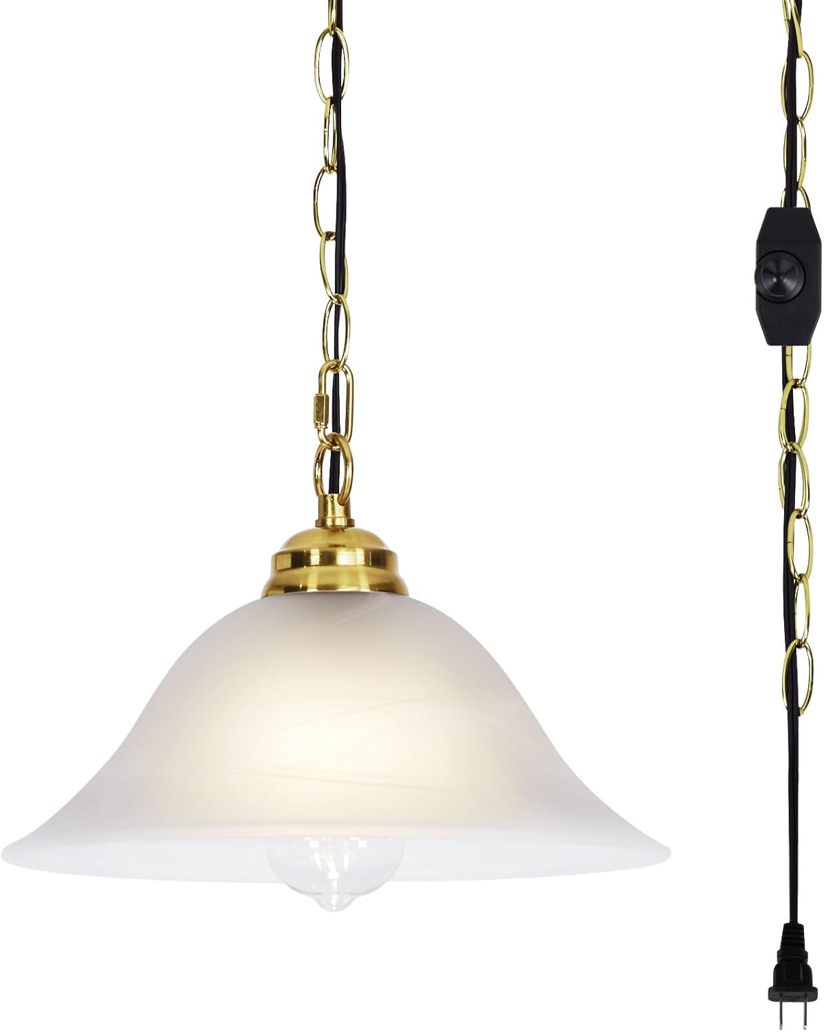 Traditional Plug in Pendant Light Fixture Alabaster Glass Shade, Black Hanging Lamp with Dimmable Switch,16.4Ft Cord & 14.7Ft Chain for Kitchen Sink Corner Nook - Grand Goldman