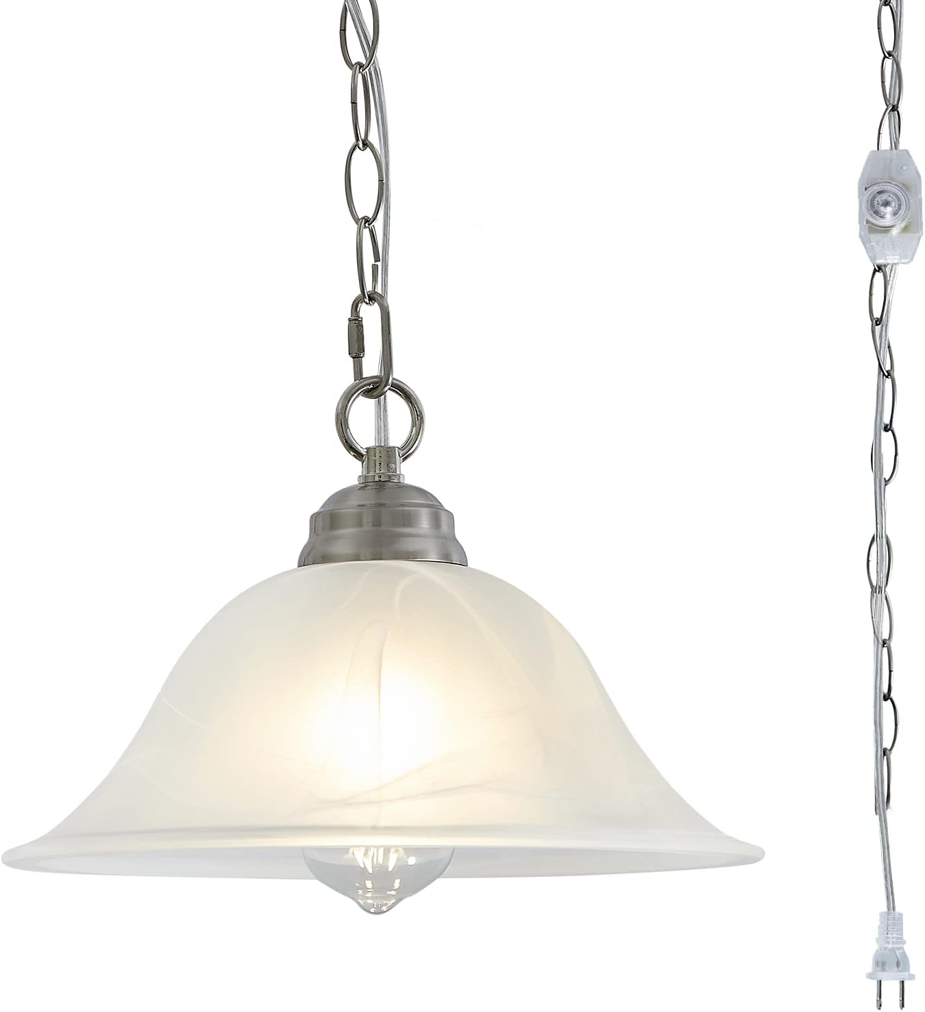 Traditional Plug in Pendant Light Fixture Alabaster Glass Shade, Black Hanging Lamp with Dimmable Switch,16.4Ft Cord & 14.7Ft Chain for Kitchen Sink Corner Nook - Grand Goldman