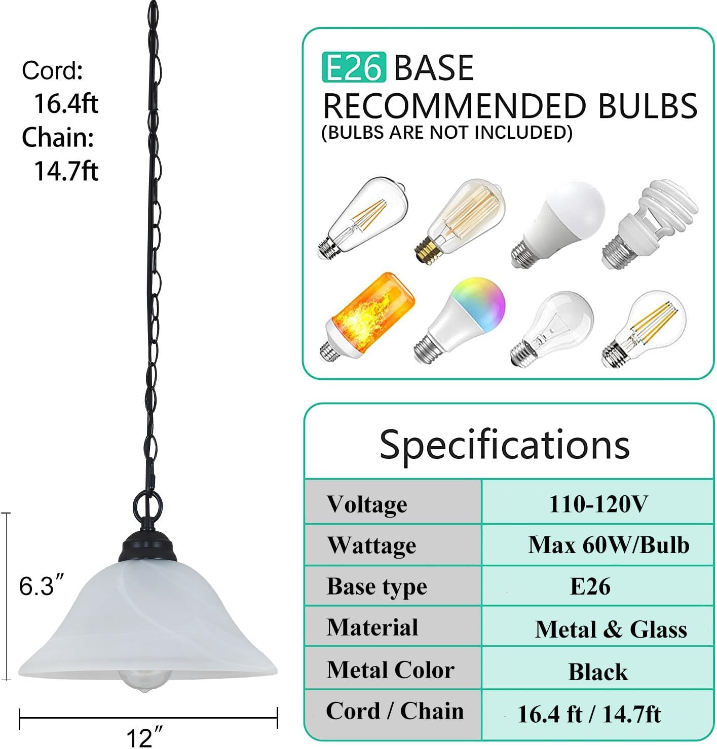 Traditional Plug in Pendant Light Fixture Alabaster Glass Shade, Black Hanging Lamp with Dimmable Switch,16.4Ft Cord & 14.7Ft Chain for Kitchen Sink Corner Nook - Grand Goldman