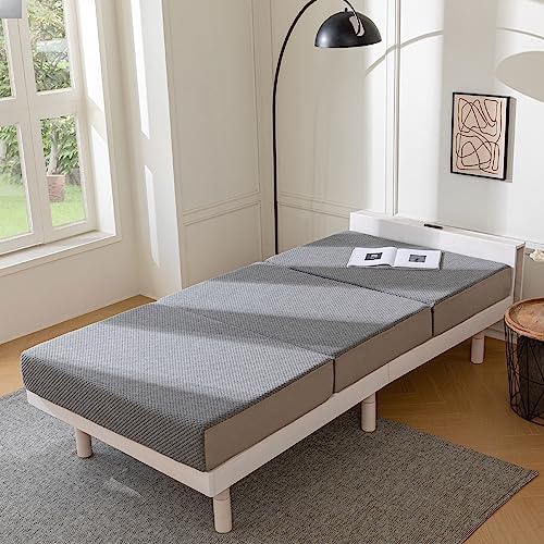 Tri-Fold Memory Foam Mattress, 4 inch Single Folding Mattress with Collapsible and Washable Cover, Travel and Guest Mat, 75"×25"×4", Grey - Grand Goldman