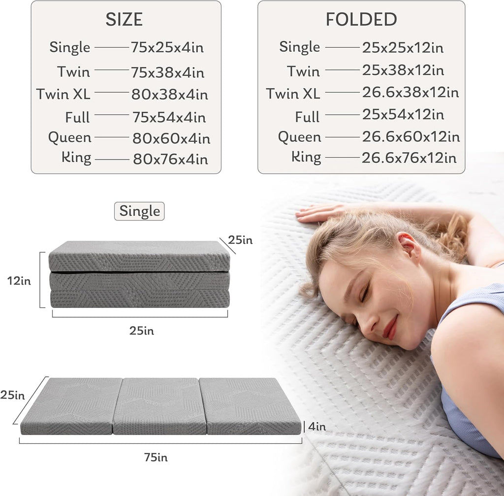 Tri-Fold Memory Foam Mattress, 4 inch Single Folding Mattress with Collapsible and Washable Cover, Travel and Guest Mat, 75"×25"×4", Grey - Grand Goldman