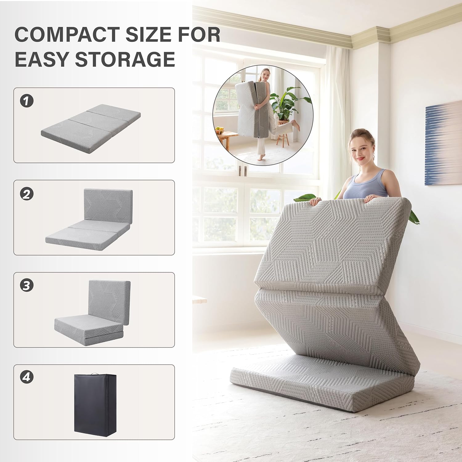 Tri-Fold Memory Foam Mattress, 4 inch Single Folding Mattress with Collapsible and Washable Cover, Travel and Guest Mat, 75"×25"×4", Grey - Grand Goldman