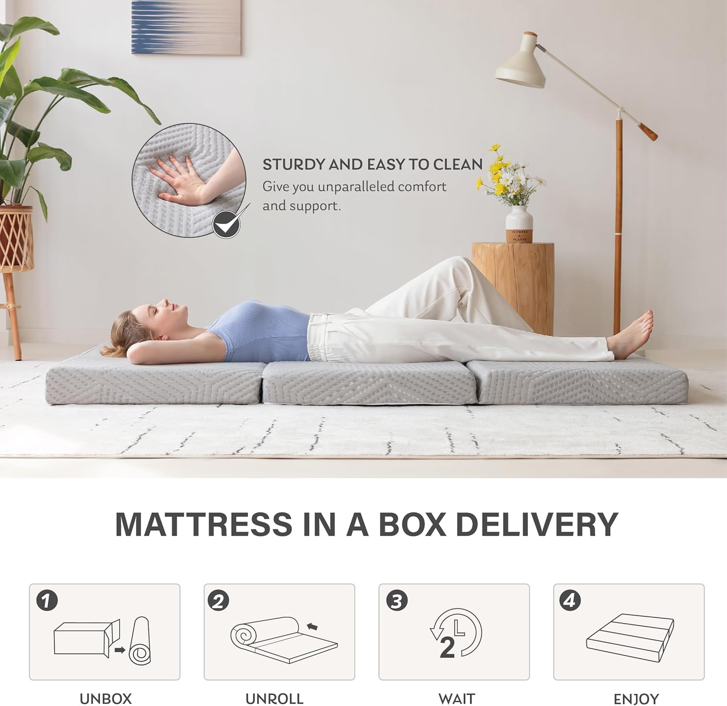 Tri-Fold Memory Foam Mattress, 4 inch Single Folding Mattress with Collapsible and Washable Cover, Travel and Guest Mat, 75"×25"×4", Grey - Grand Goldman