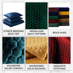 Tribeca Living Velvet King Quilt Set - Three-Piece Honeycomb Stitch Bedding, Super Soft 260GSM Velvet, Oversized Quilt and Two Sham Pillowcases, Emerald Green - Grand Goldman