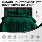 Tribeca Living Velvet King Quilt Set - Three-Piece Honeycomb Stitch Bedding, Super Soft 260GSM Velvet, Oversized Quilt and Two Sham Pillowcases, Emerald Green - Grand Goldman
