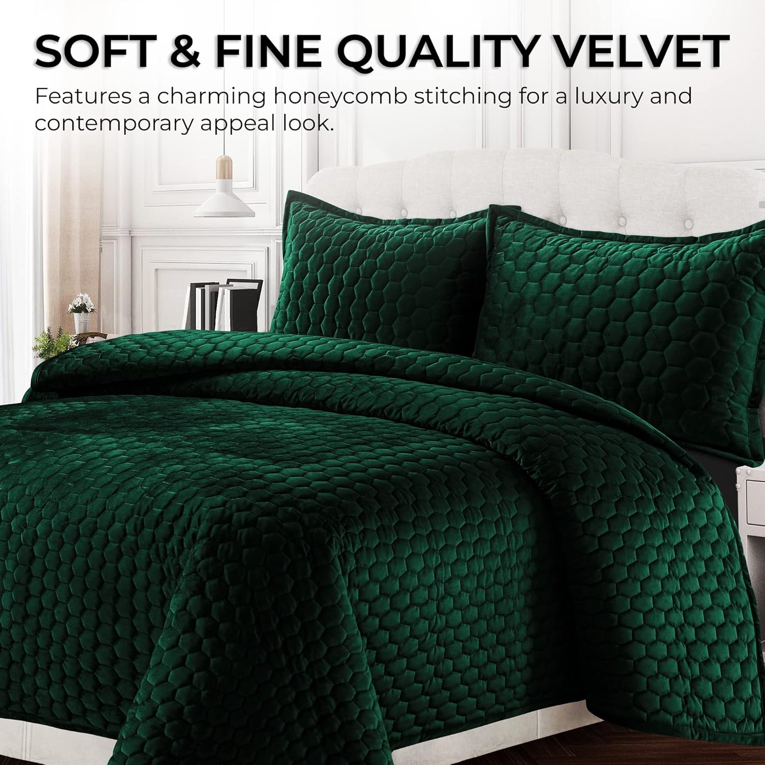Tribeca Living Velvet King Quilt Set - Three-Piece Honeycomb Stitch Bedding, Super Soft 260GSM Velvet, Oversized Quilt and Two Sham Pillowcases, Emerald Green - Grand Goldman