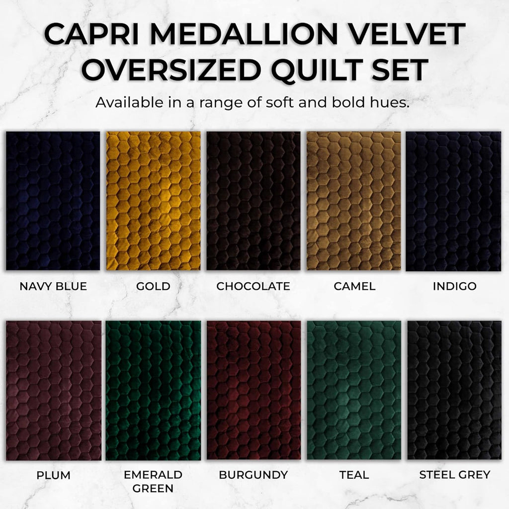 Tribeca Living Velvet King Quilt Set - Three-Piece Honeycomb Stitch Bedding, Super Soft 260GSM Velvet, Oversized Quilt and Two Sham Pillowcases, Emerald Green - Grand Goldman