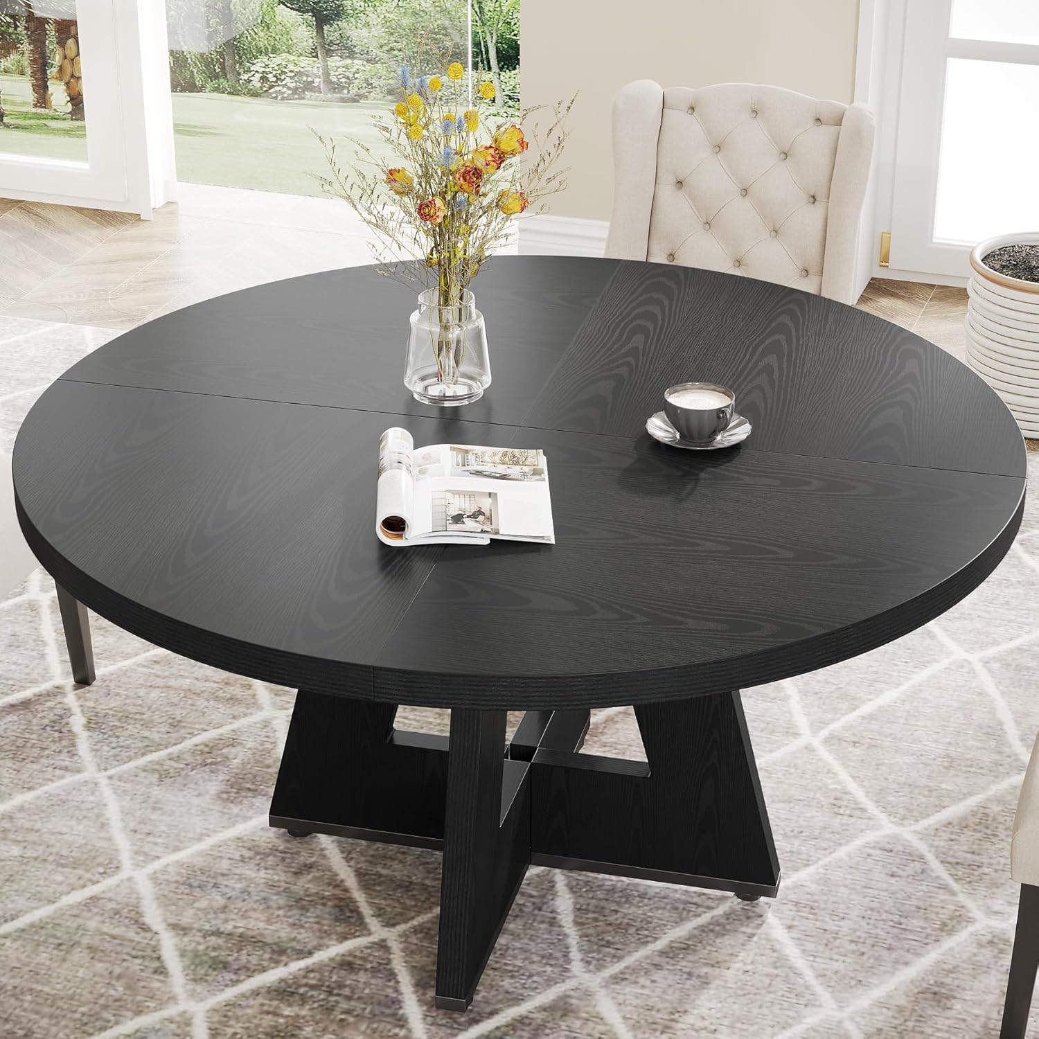 Tribesigns Farmhouse Dining Table, 47 Inch Round Dinner Table for 4, Rustic Round Dining Room Table for Home Dining Room Living Room (Black) - Grand Goldman