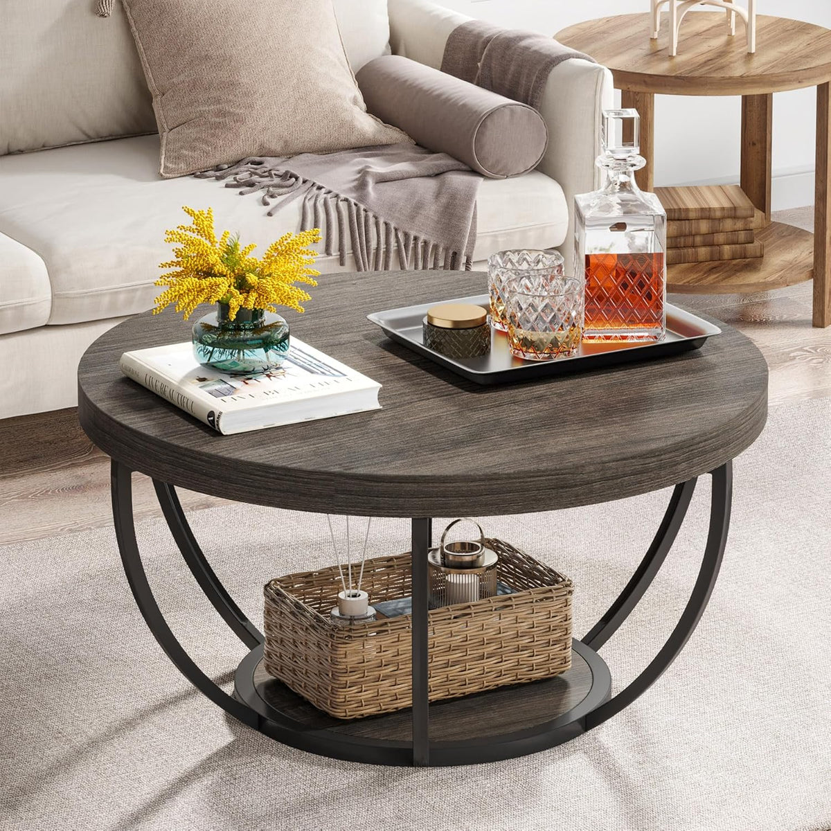 Tribesigns Round Coffee Table, Industrial 2-Tier Circle Coffee Table with Storage Shelves, Modern 31.7" Wooden Accent Center Table for Living Room, Home Office, Rustic Brown - Grand Goldman