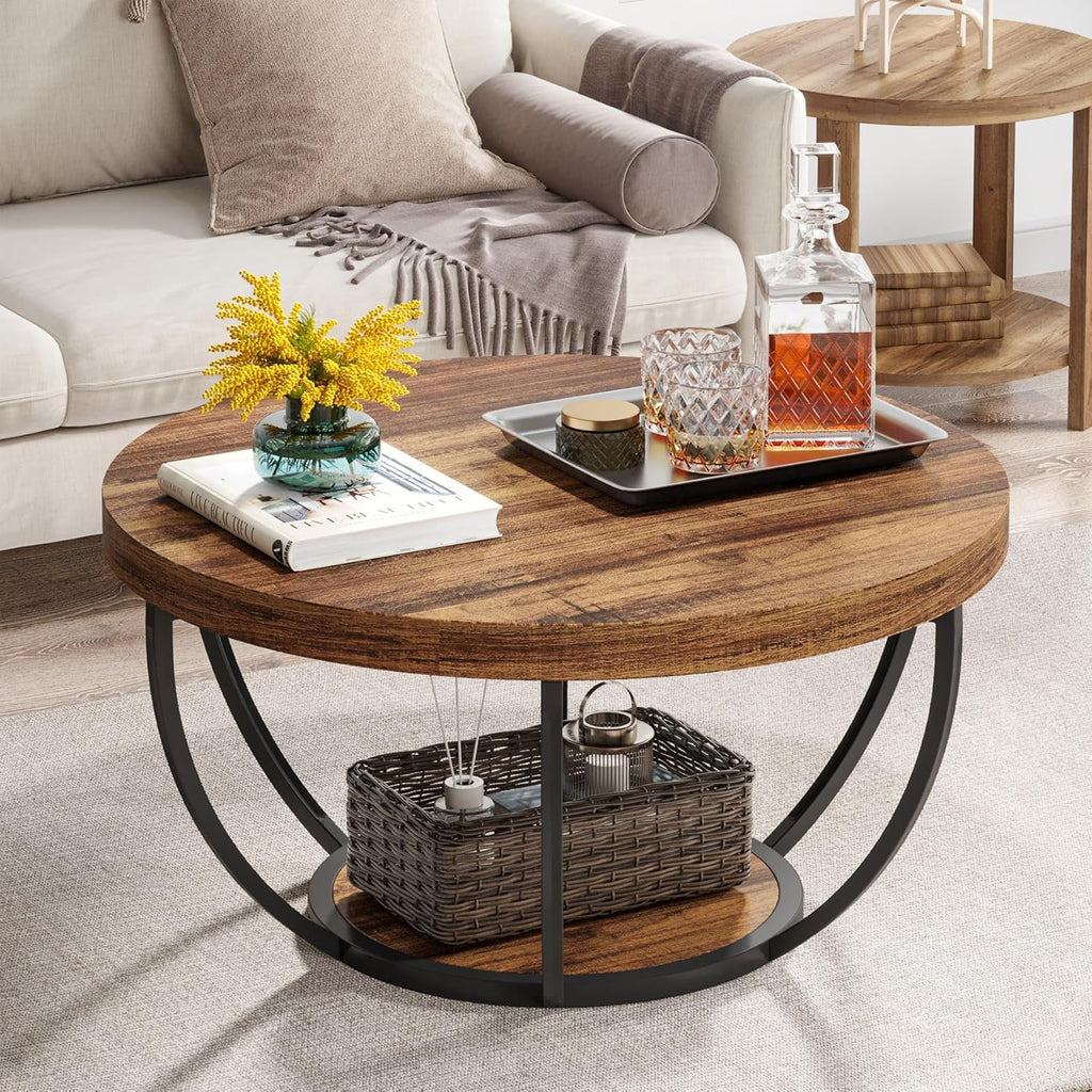 Tribesigns Round Coffee Table, Industrial 2-Tier Circle Coffee Table with Storage Shelves, Modern 31.7" Wooden Accent Center Table for Living Room, Home Office, Rustic Brown - Grand Goldman