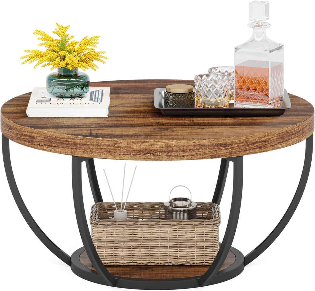 Tribesigns Round Coffee Table, Industrial 2-Tier Circle Coffee Table with Storage Shelves, Modern 31.7" Wooden Accent Center Table for Living Room, Home Office, Rustic Brown - Grand Goldman