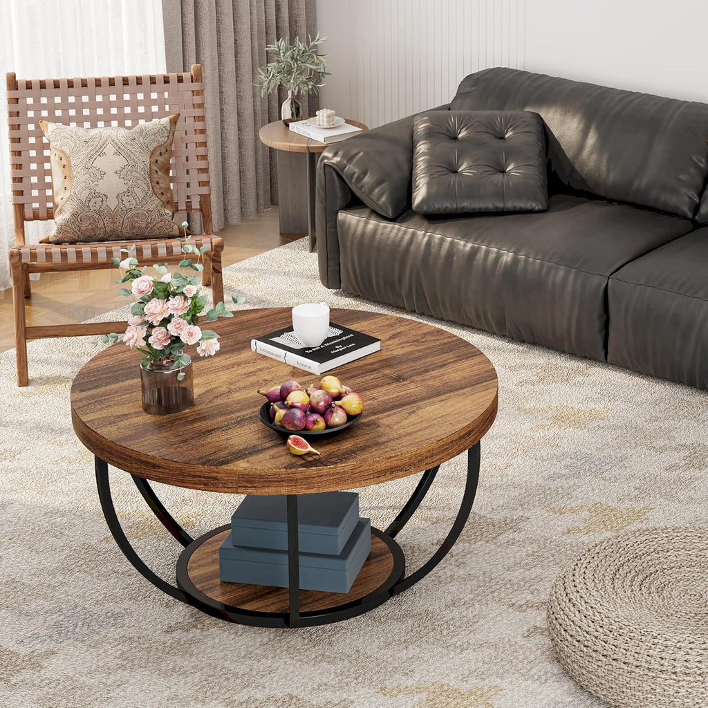 Tribesigns Round Coffee Table, Industrial 2-Tier Circle Coffee Table with Storage Shelves, Modern 31.7" Wooden Accent Center Table for Living Room, Home Office, Rustic Brown - Grand Goldman