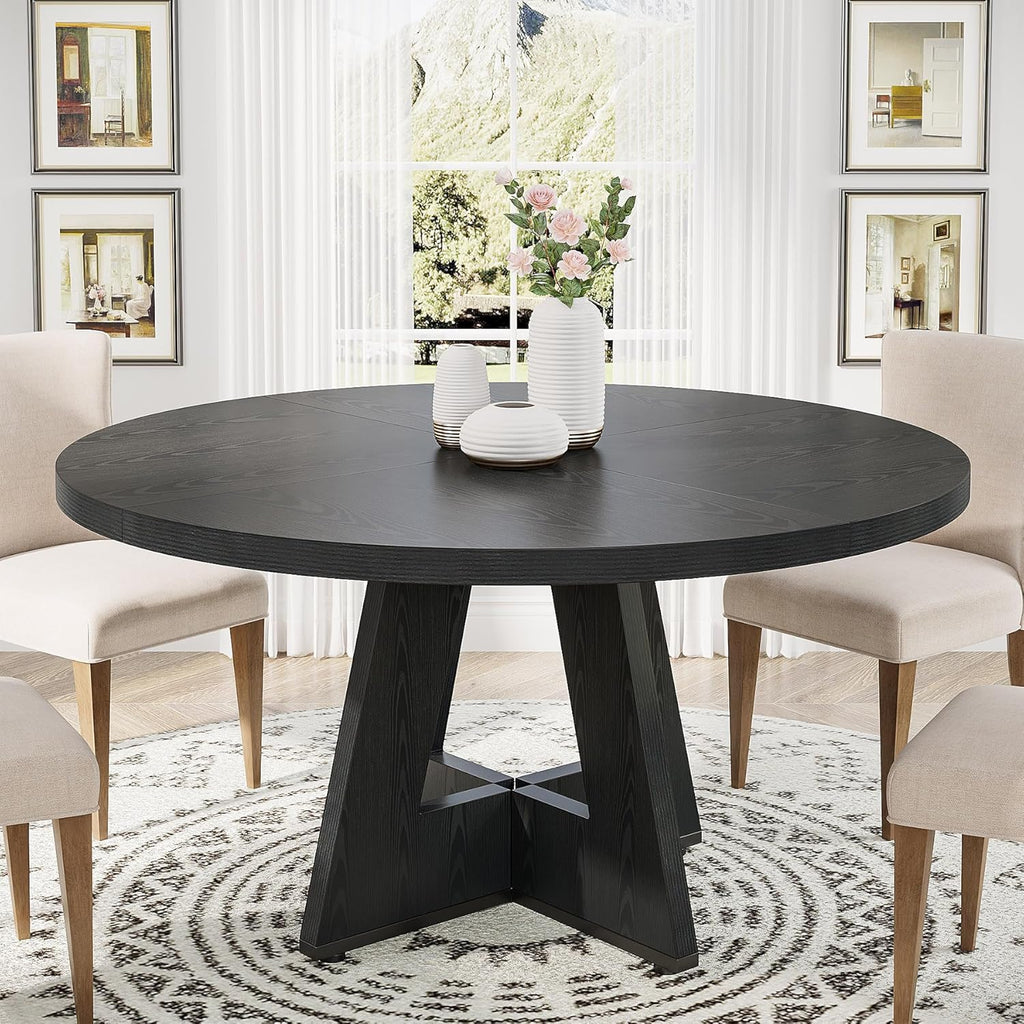 Tribesigns Round Dining Table Wood Kitchen Table for Dining Room Living Room, 47 in Dinning Room Tables for 4 Man, Farmhouse Dinner Table with Wooden Tabletop and Cross Base, Black(Only Table) - Grand Goldman