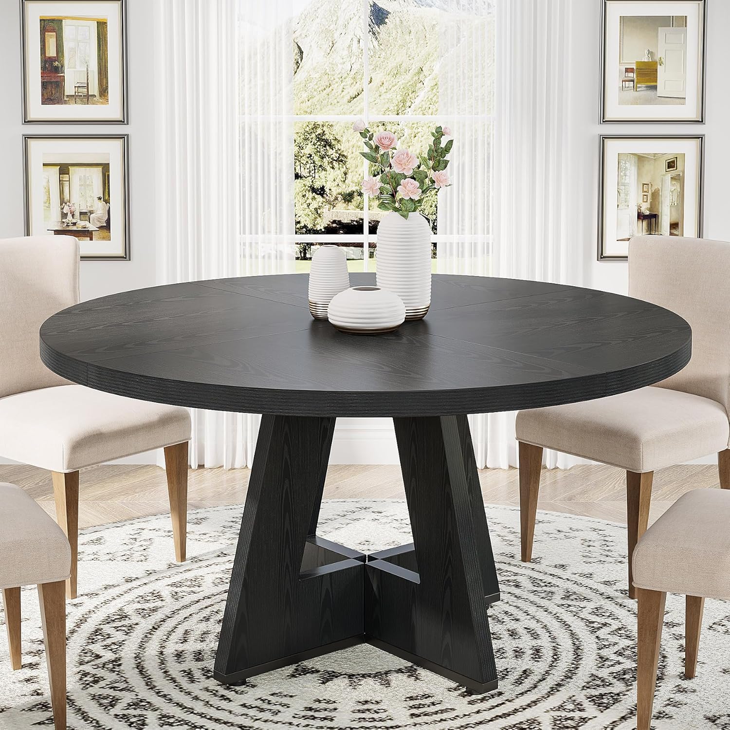 Tribesigns Round Dining Table Wood Kitchen Table for Dining Room Living Room, 47 in Dinning Room Tables for 4 Man, Farmhouse Dinner Table with Wooden Tabletop and Cross Base, Black(Only Table) - Grand Goldman